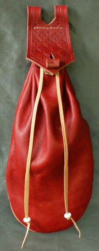 15th/16th century narrow belt bag with piped seams and tooling