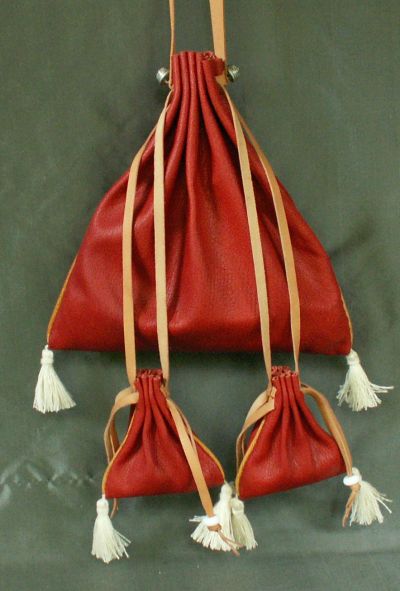 Ladies 13th/15th century square drawstring purse with miniature purses