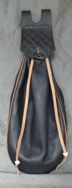 15th/16th century narrow belt bag with piped seams and tooling