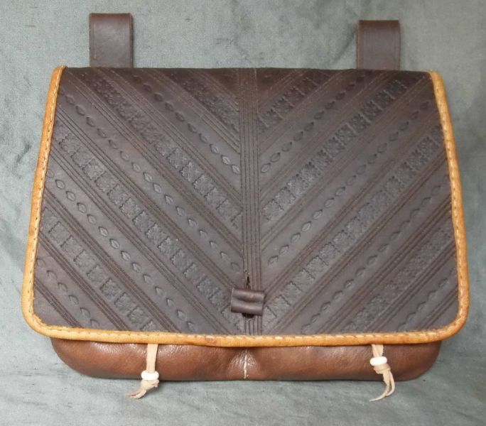 16th - 17th century medium belt wallet with a tooled square front and two pouchlets